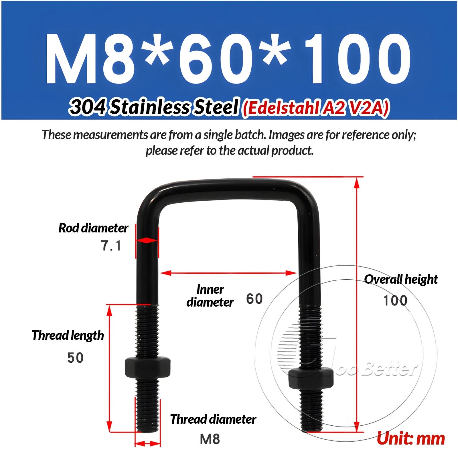 M6 M8 M10 Square U-Bolts Black 304 Stainless Steel with Nuts For Boat Trailer