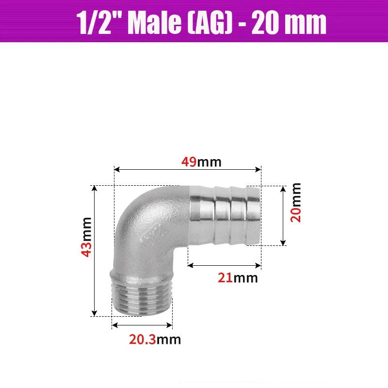 BSP Male Elbow Barbed Hose Connector — Stainless Steel, 1/8" to 1/2", 6–16mm