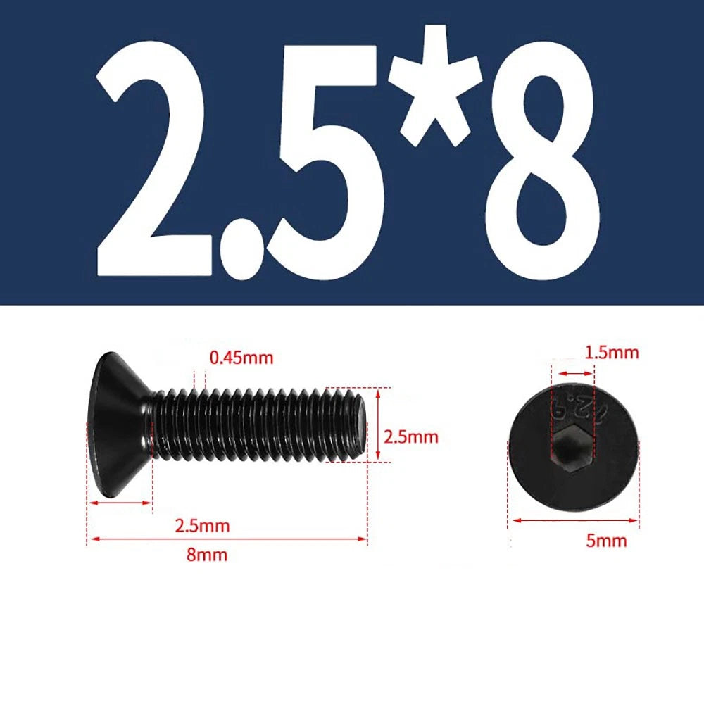 M1.6–M3 Countersunk Socket Head Screws – 12.9 Grade Carbon Steel, Flat Head, Fully Threaded (3–50mm Overall Length)