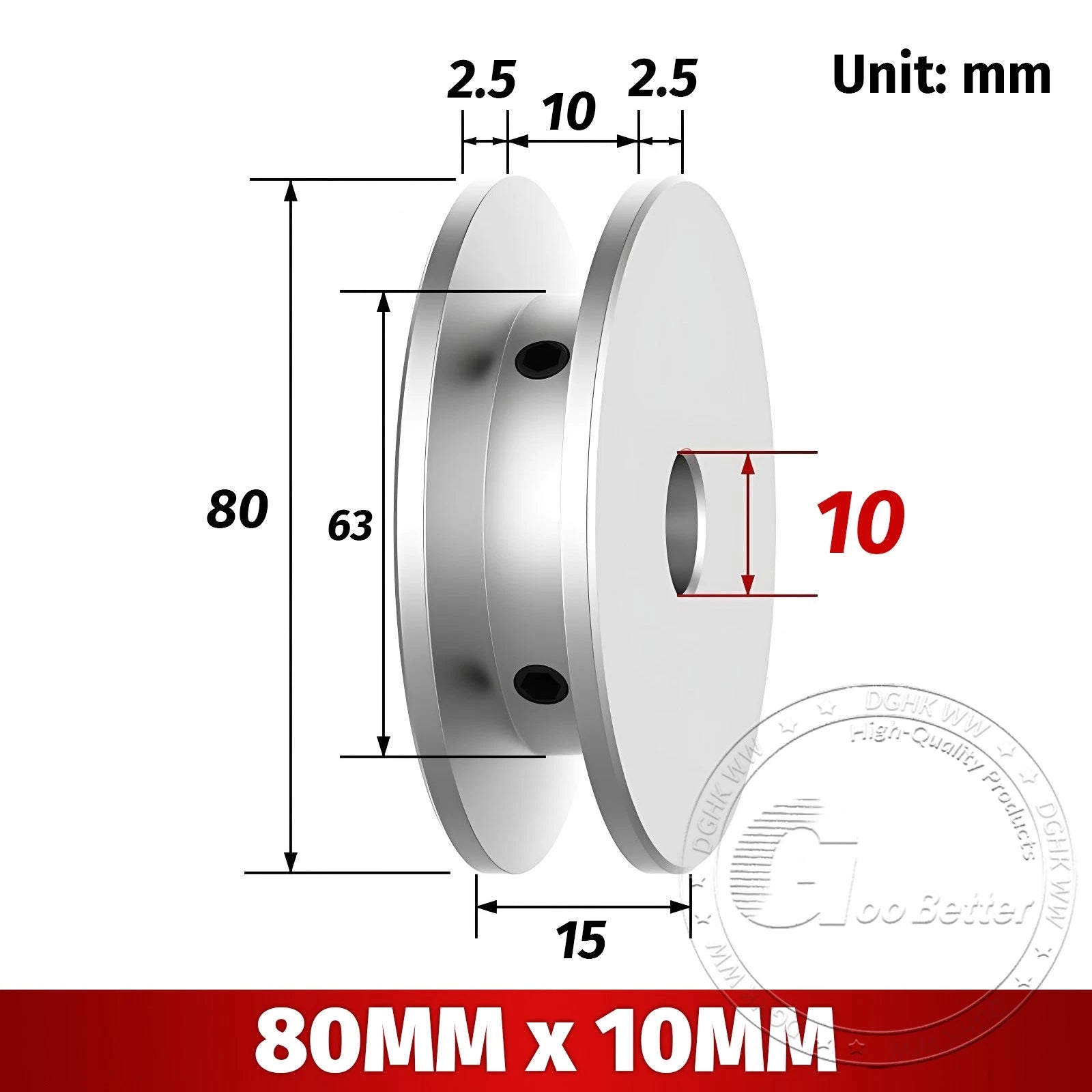 V-Groove Aluminum Drive Pulley For V-Belt Pulleys Groove 10mm OD 40/50/60/80mm