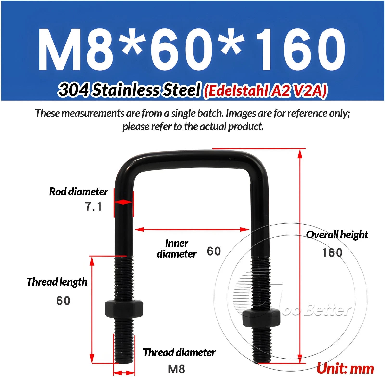 M6 M8 M10 Square U-Bolts Black 304 Stainless Steel with Nuts For Boat Trailer