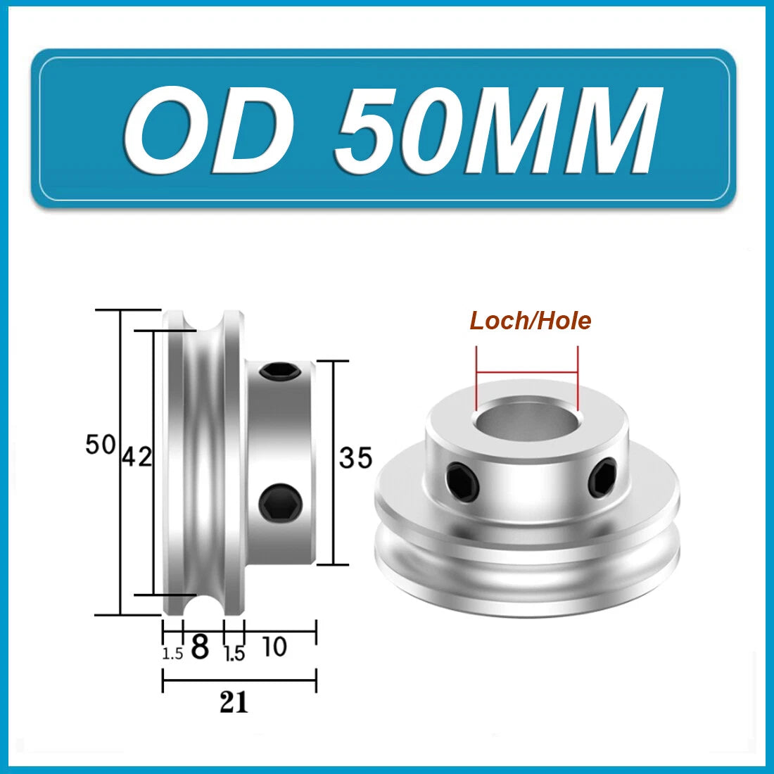 Aluminium U Pulley Single-Slot OD 30mm~100mm for Motor Machine 8MM PU Round Belt