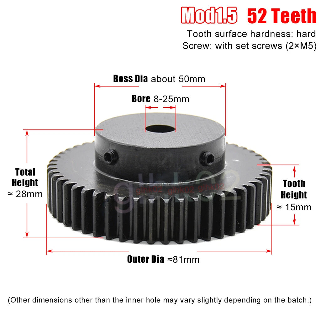 Mod1.5 Steel Pinion Gear Spur Gear 12-100 Teeth 4-25mm Bore With Screw Blackened