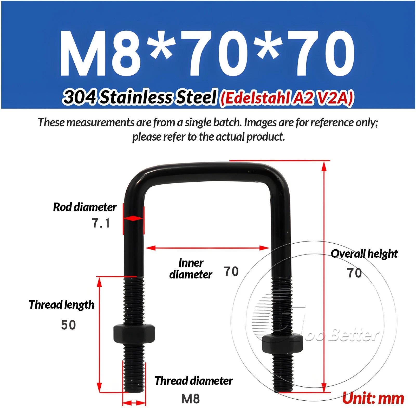 M6 M8 M10 Square U-Bolts Black 304 Stainless Steel with Nuts For Boat Trailer