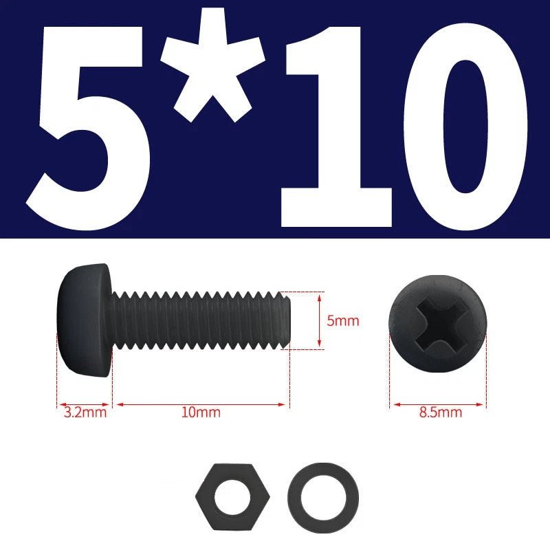 Black Nylon Phillips Machine Screws with Nuts & Washers — Metric M2 to M8 - HomeDIYer