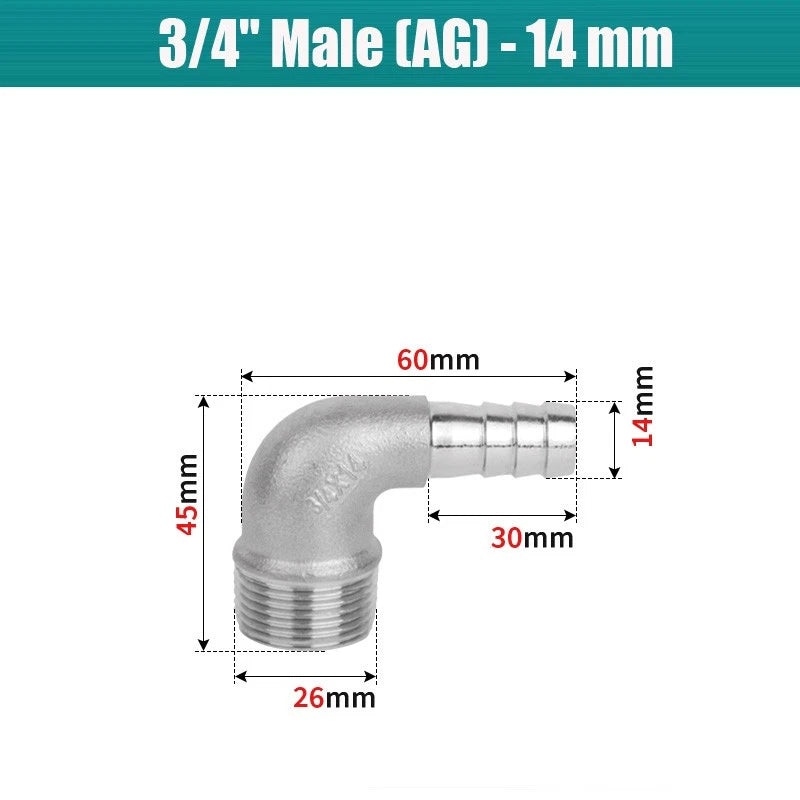 BSP Male Elbow Barbed Hose Connector — Stainless Steel, 1/8" to 1/2", 6–16mm