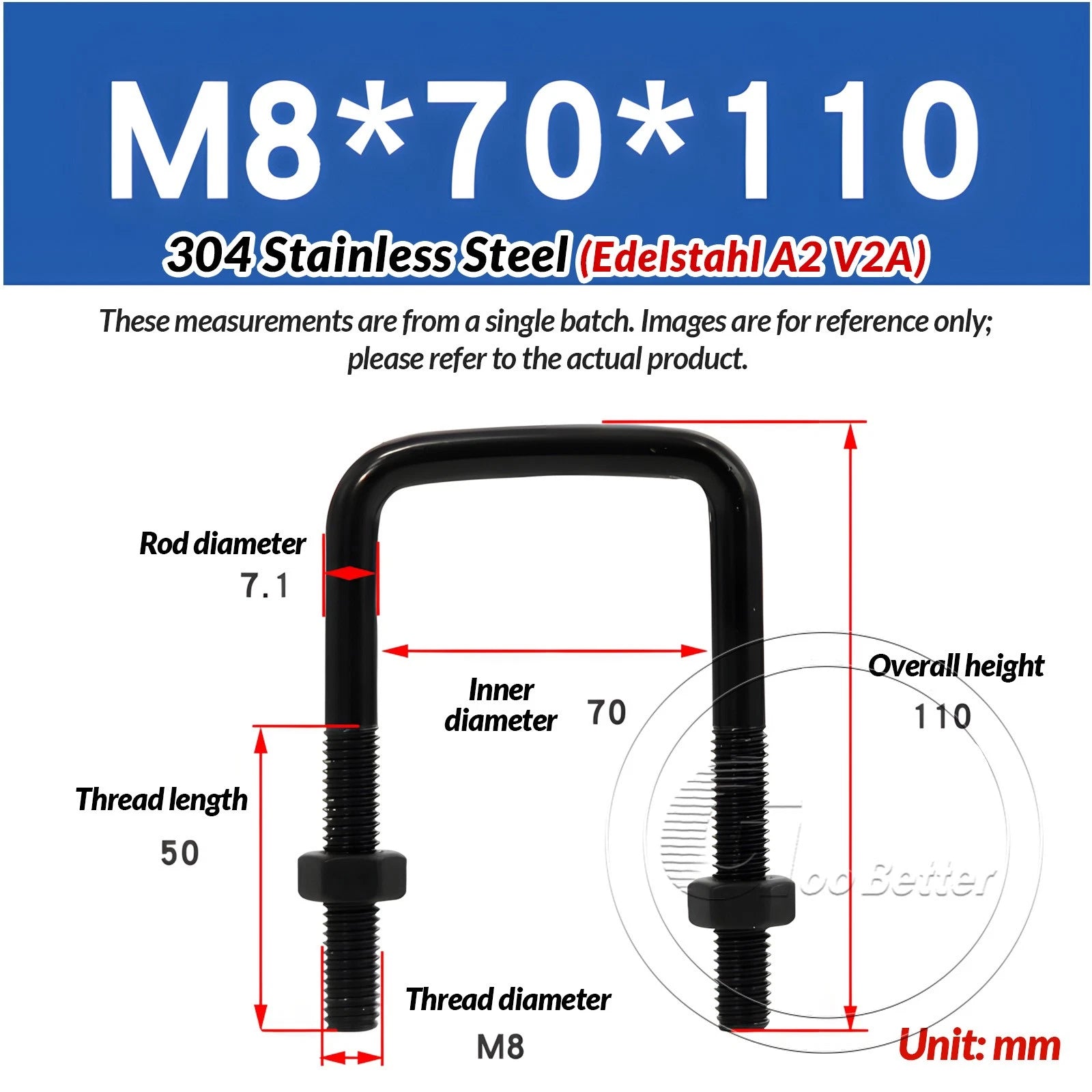 M6 M8 M10 Square U-Bolts Black 304 Stainless Steel with Nuts For Boat Trailer