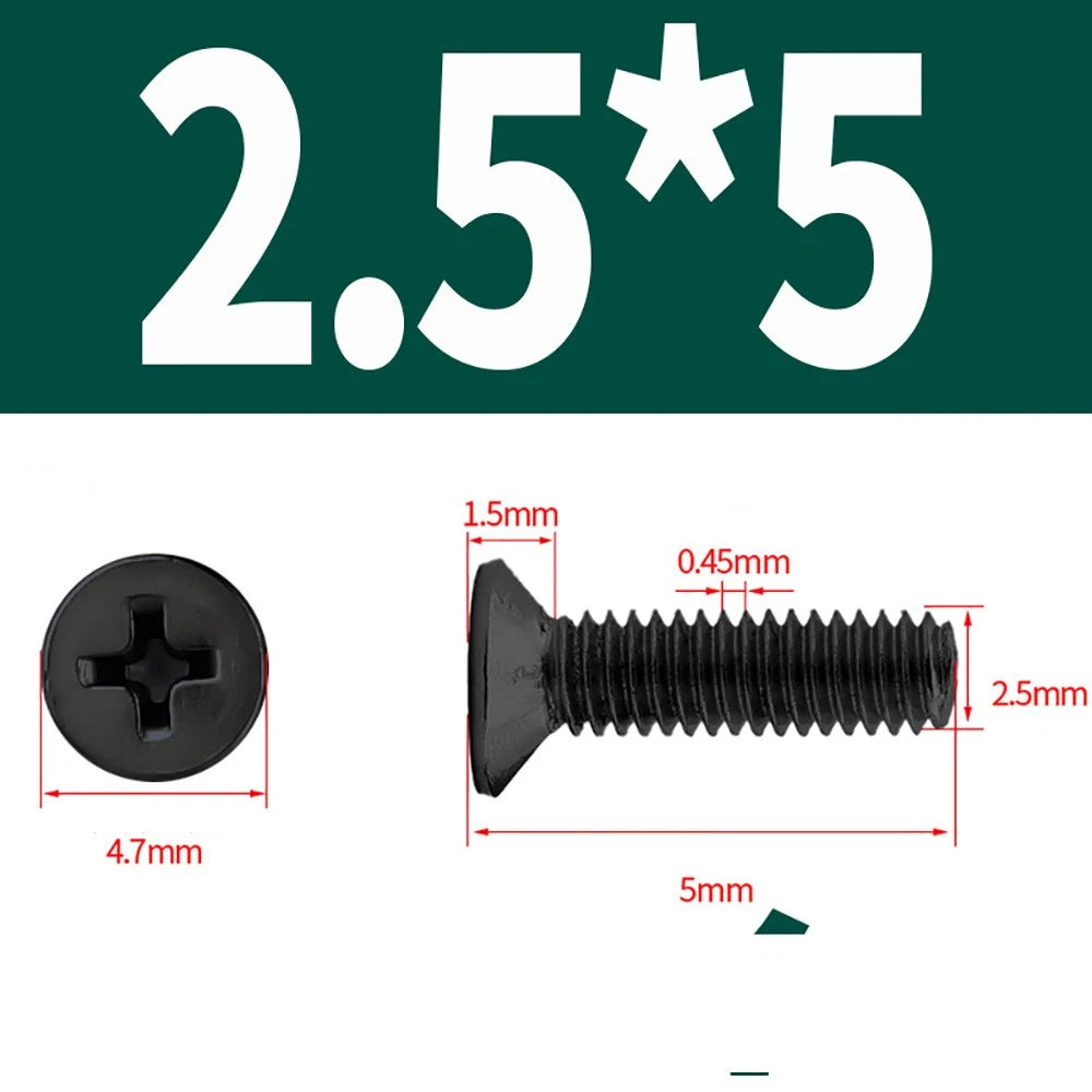 Black Phillips Flat Head Countersunk Machine Screws — Carbon Steel M1–M6