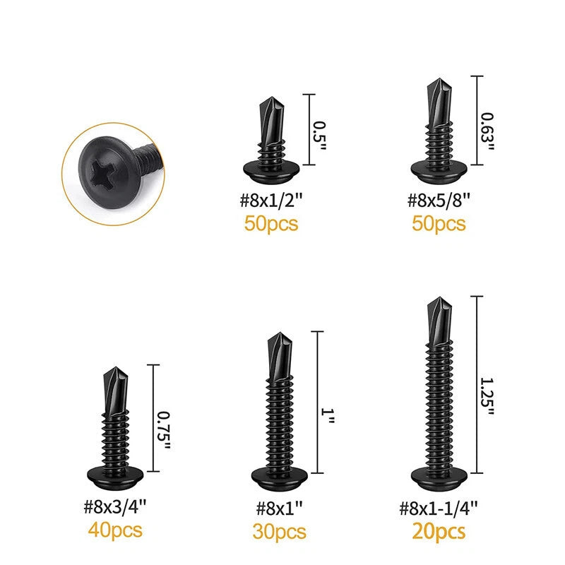 190pcs #8 Black Truss Head Self Tapping Screws – 410 Stainless Steel Kit