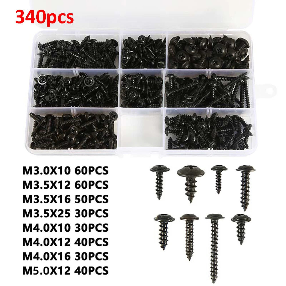 340pcs Black Modified Truss Head Self Tapping Screws Set – M3 M3.5 M4 M5