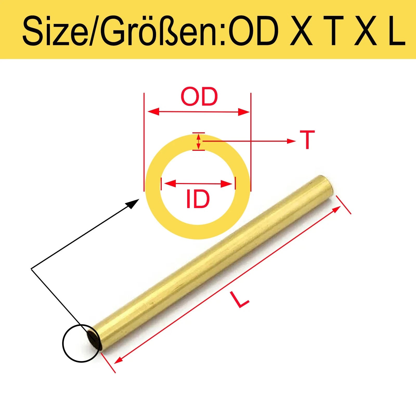 Brass Round Tube Pipe — OD 2mm to 80mm, Wall 0.5mm to 15mm, 200mm Length