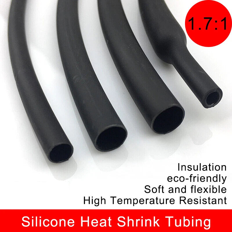 1.7:1 Silicone Heat Shrink Tubing — Black, φ0.8mm to φ40mm, 1–20m