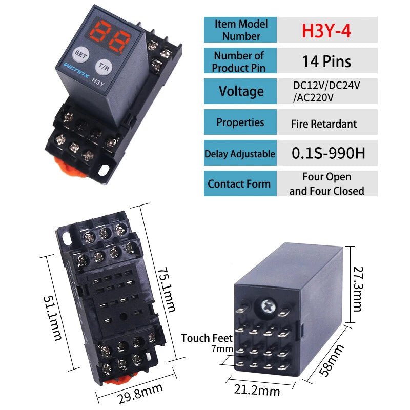 Power On Time Timer Delay Relay H3Y - 2/4/2H AC 12/24/220V DPDT 8Pin / 14Pin - HomeDIYer