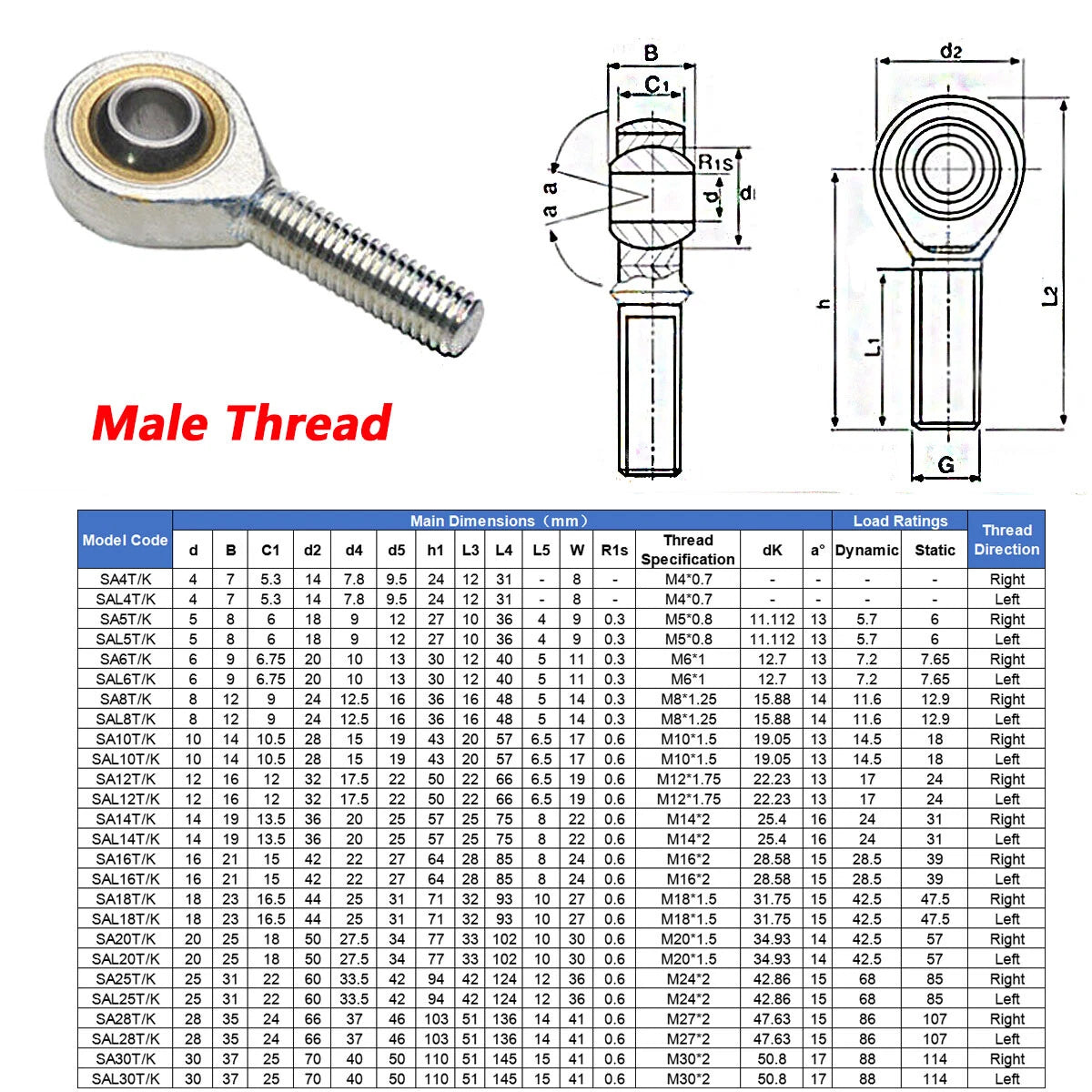 Rod End joint Bearings Right/Left Hand Thread Male/Female M4 to M30 SAT/K SALT/K