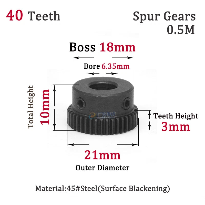 0.5 Mod 40T Spur Gears Steel Pinion Gears Metal Spur Transmission Gear 45 Steel
