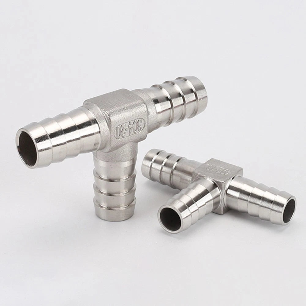 Stainless Steel T Hose Barb Tee Connector — 8mm to 32mm, Water & Gas Pipe Fitting