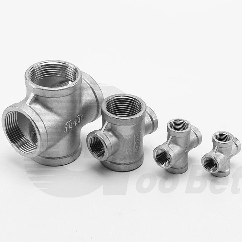 Stainless Steel Cross 4-Way Pipe Fitting | BSP Female Thread | 1/4" to 2"