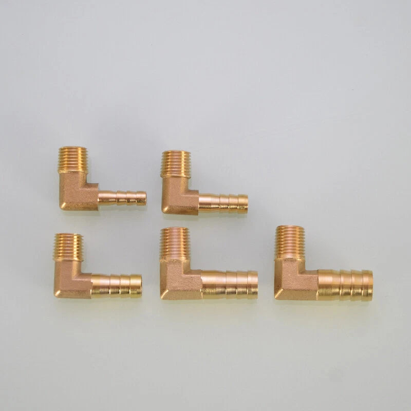 Brass Hose Barb Elbow Fittings — Male BSP to Metric Barb, 1/8" to 3/4" BSP