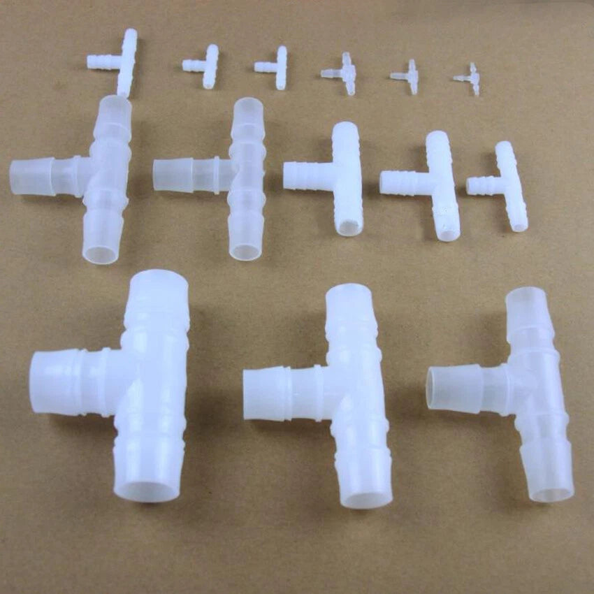 T-Shape 3-Way Barbed Hose Connector — Food Grade Plastic, Φ3.2mm to Φ25mm