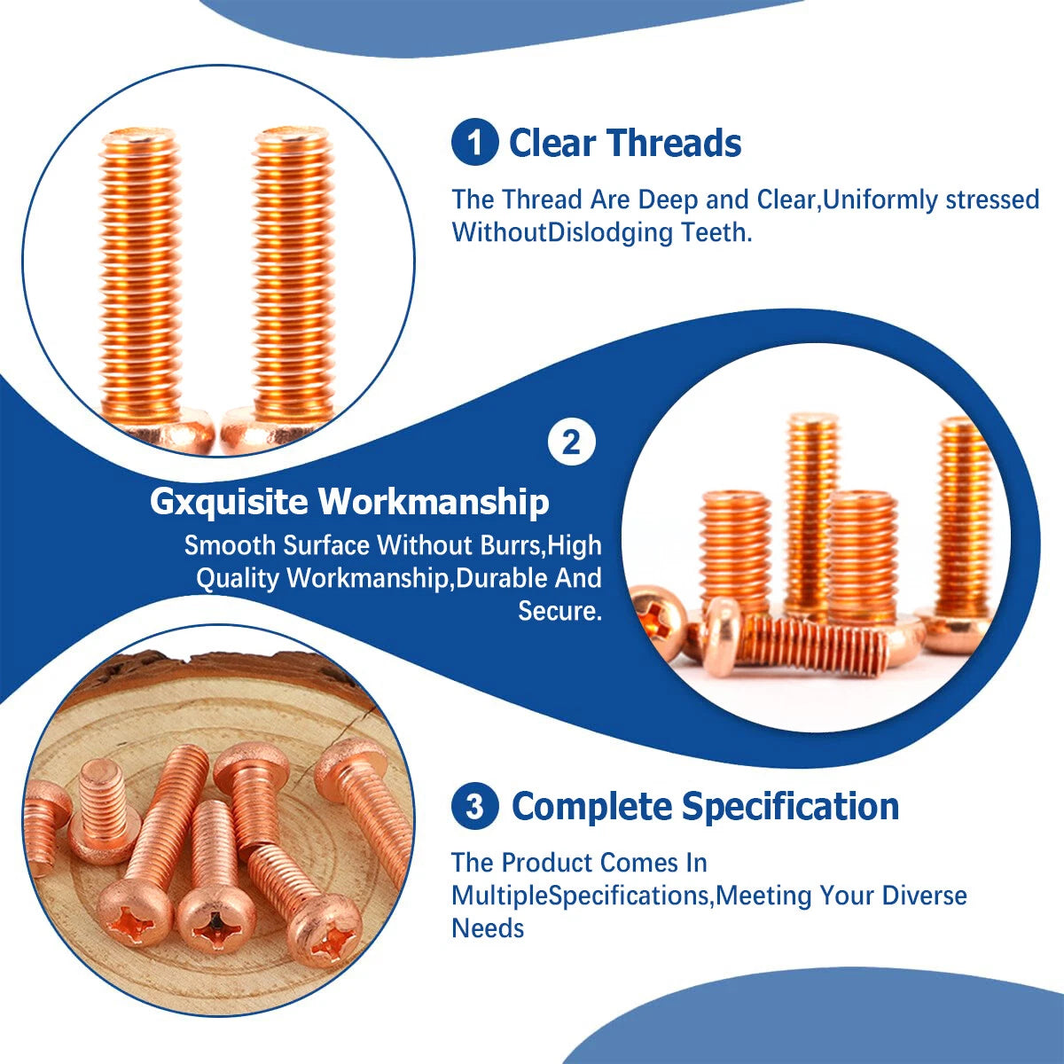 Copper Phillips Pan Head Machine Screws — M2 to M8, Multiple Lengths