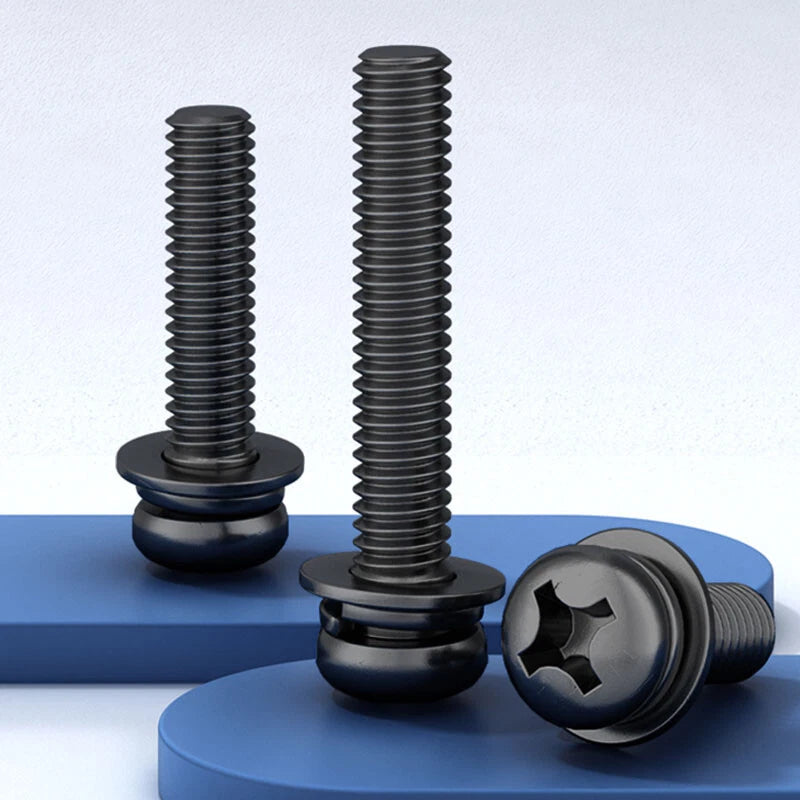 Black Zinc Pan Head Machine Screws with Washers, M2–M6 Pozi Phillips Drive