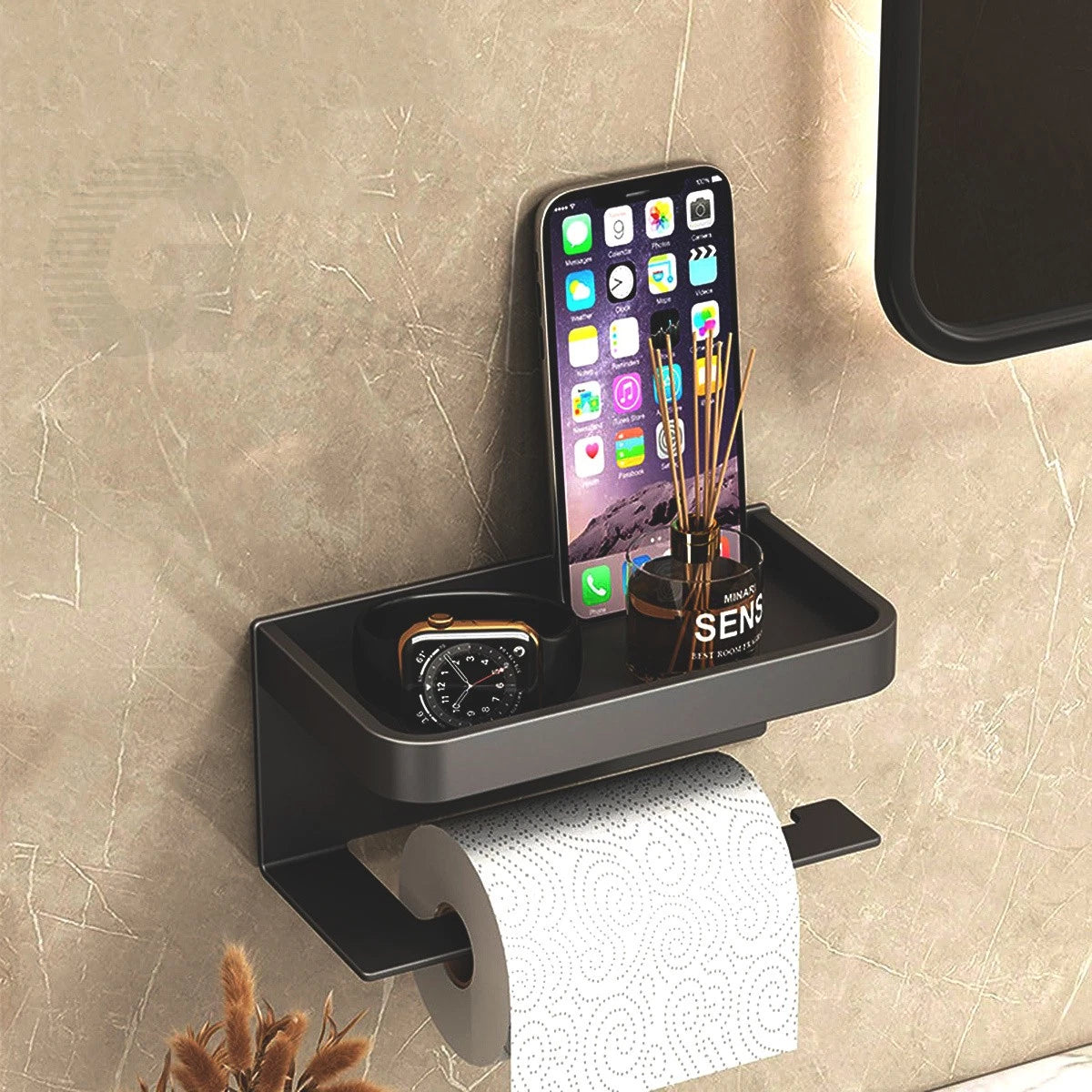 Bathroom Self Adhesive Wall Mounted Toilet Roll Paper Holder Shelf Organizer