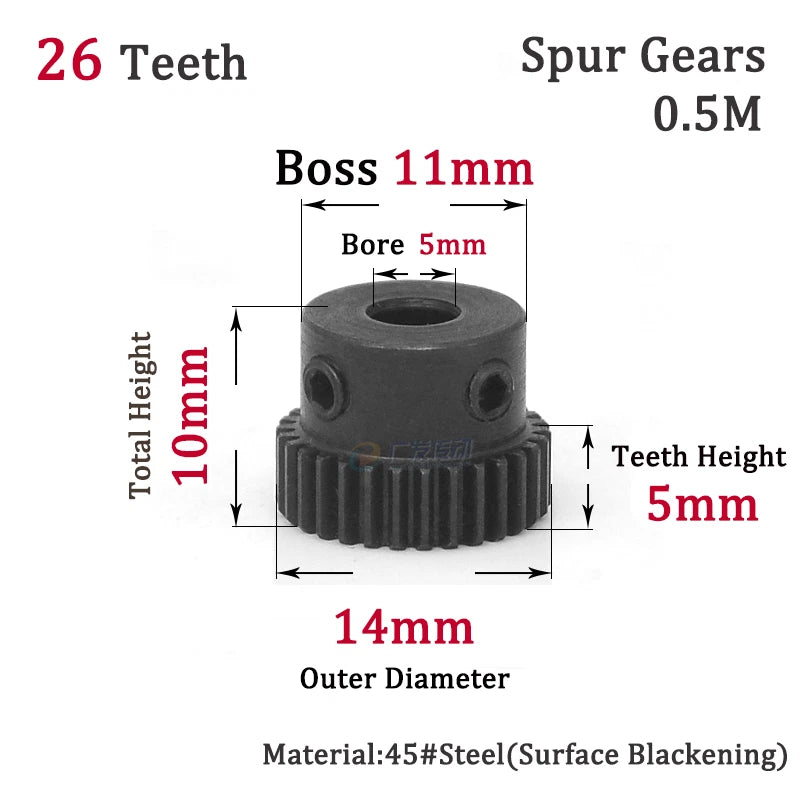 0.5M 26T Spur Gears Steel Pinion Gears Metal Spur Transmission Gear 45 Steel