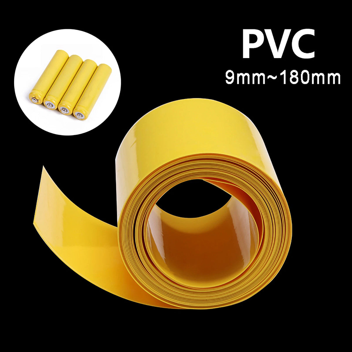 Yellow PVC Heat Shrink Tubing — 9mm to 180mm Flat Width, 1m to 200m Rolls