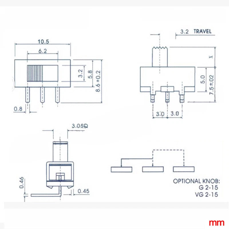 Mini PCB Slide Switch SPDT 3-Pin — G5 (5mm) / G6 (6mm) Shaft, 2-Position Toggle