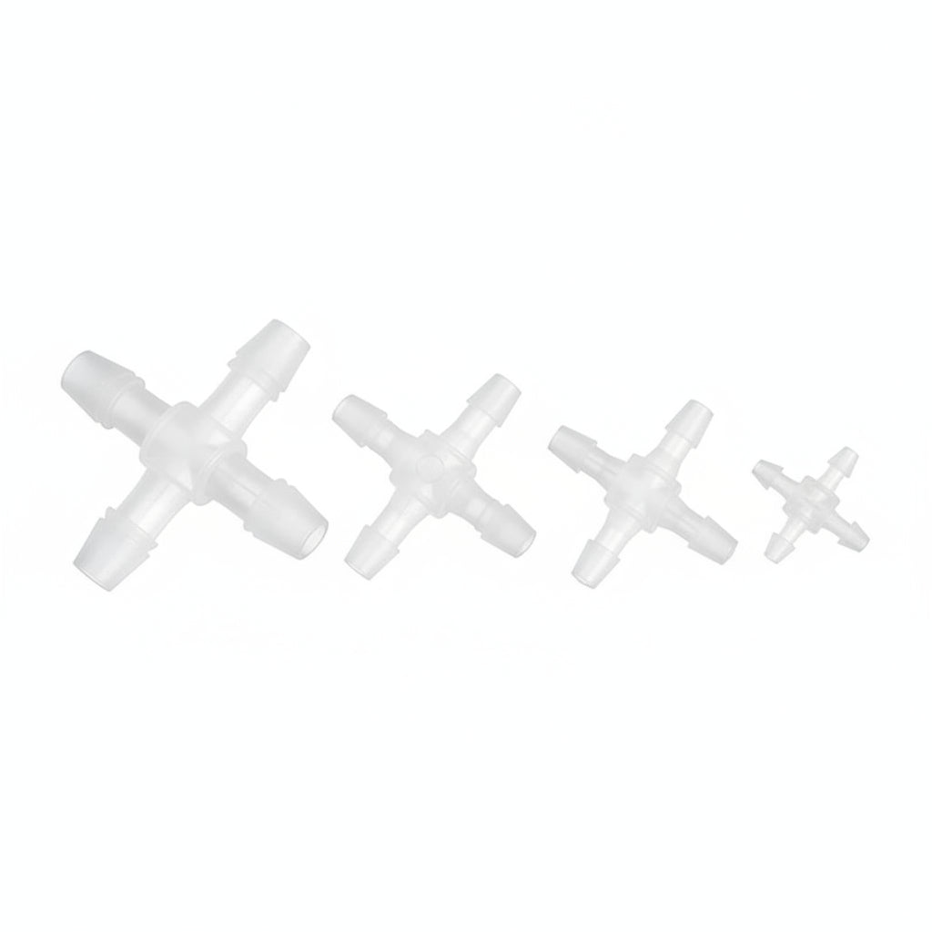 Cross 4-Way Barbed Plastic Hose Joiner Connector | 2.4mm–12.7mm