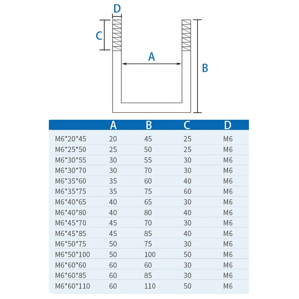 M6 M8 M10 U-Bolt with Plate and Nut — Stainless Steel 304, Multiple Sizes