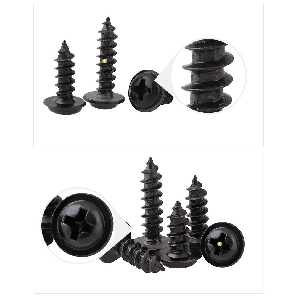 Phillips Flange Pan Head Self‑Tapping Screws – M1.2–M4, Black Zinc Plated Steel
