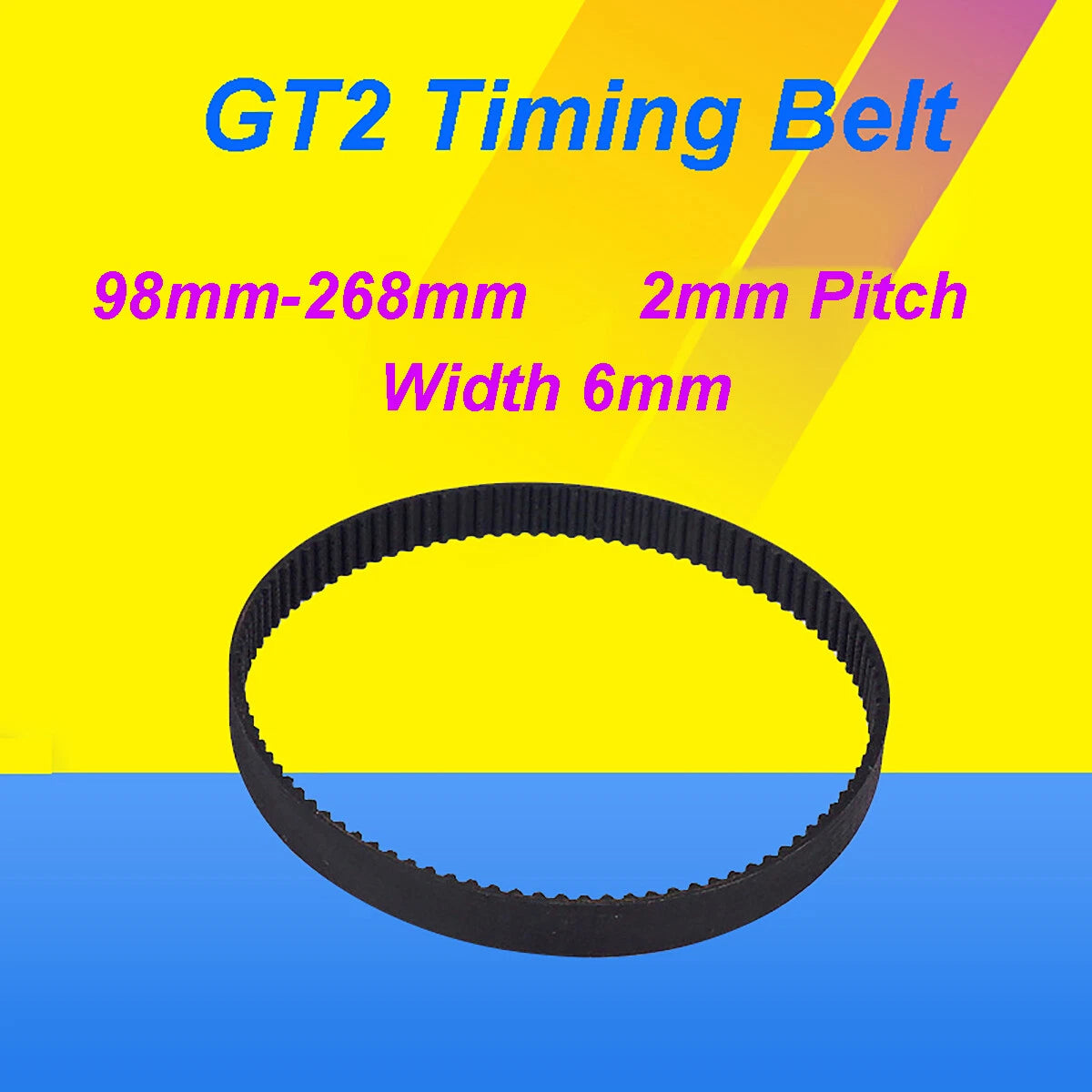 GT2 Timing Belt 6mm Wide Closed Loop Rubber Belt — 2mm Pitch, 98mm–280mm
