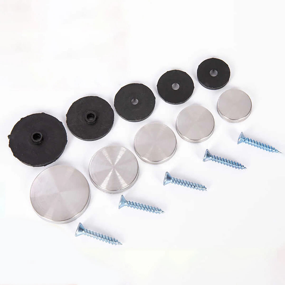 Mirror Screws with Decorative Caps – Polished Stainless Steel Cover, Plastic Washer & Carbon Steel Screw, M12–M40
