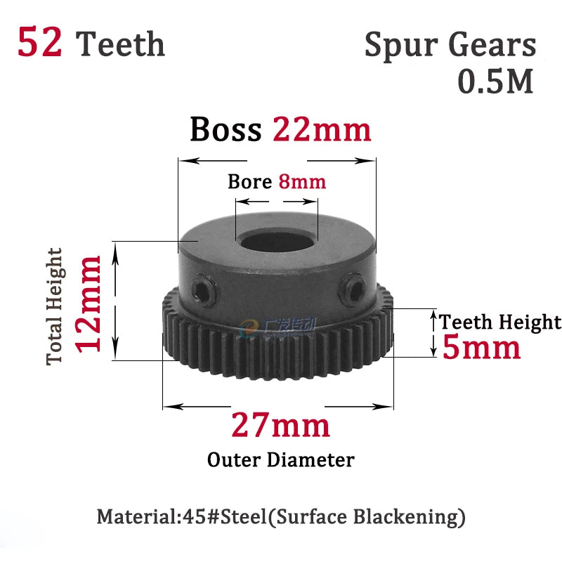 0.5M 52T Spur Gears Steel Pinion Gears Metal Spur Transmission Gear 45 Steel