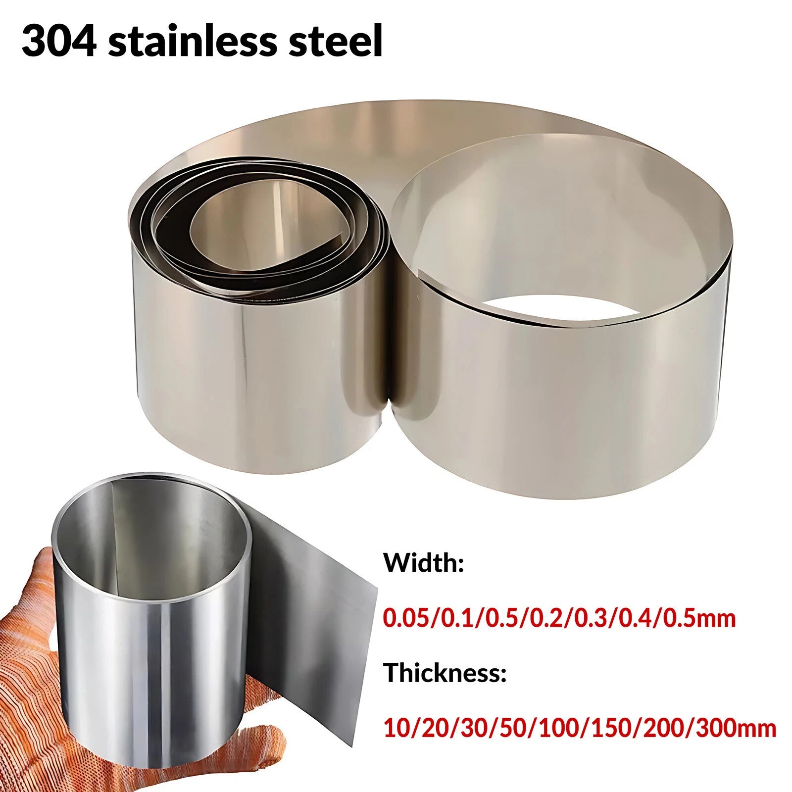 304 Stainless Steel Thin Plate Band Foil Sheet 0.05mm - 0.5mm Metal Strip Roll