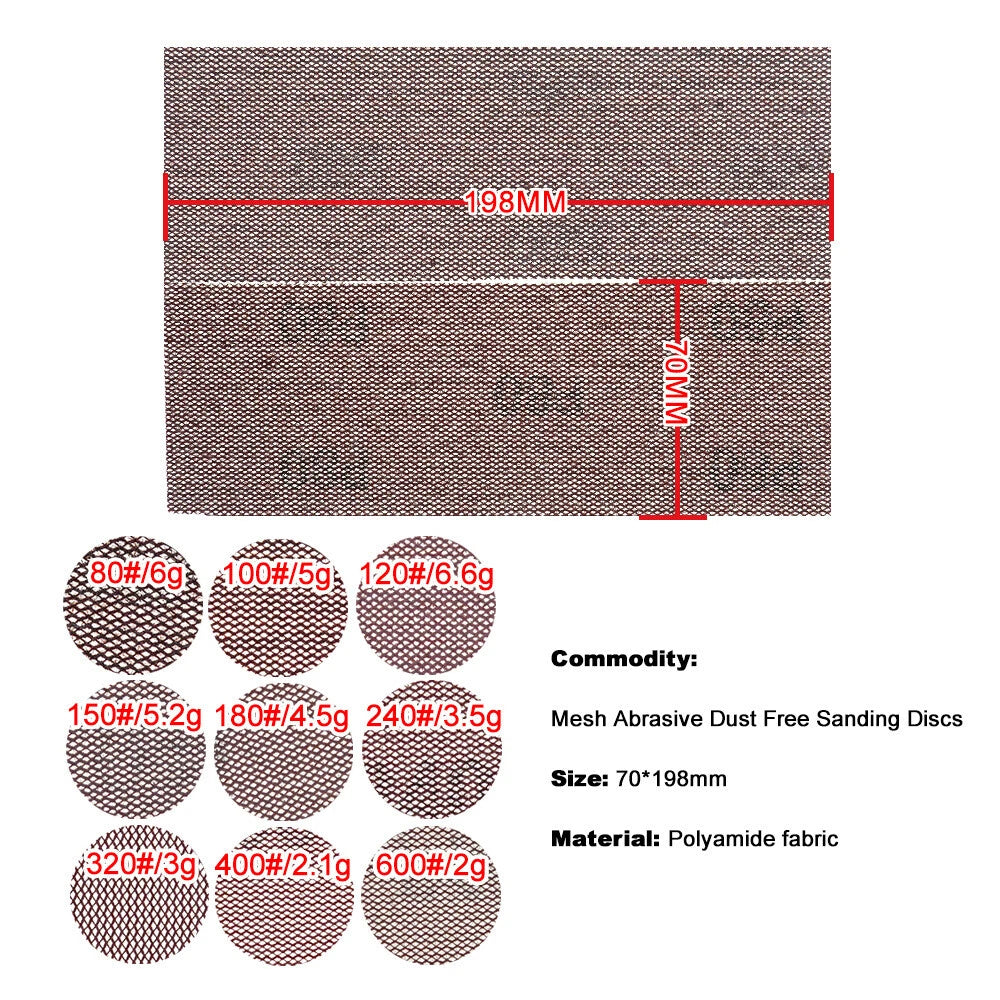70x198mm Rectangular Mesh Sanding Sheets — P80 to P1000 Grit Hook & Loop Sandpaper for Detail Sanders