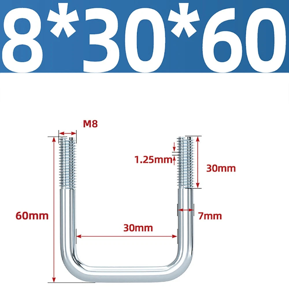 Square U-Bolts Galvanized Carbon Steel Fixing Clamp Bolt M6 M8 M10 M12 M14 M16