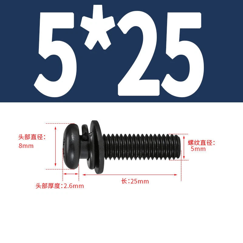 Black Zinc Pan Head Machine Screws with Washers, M2–M6 Pozi Phillips Drive