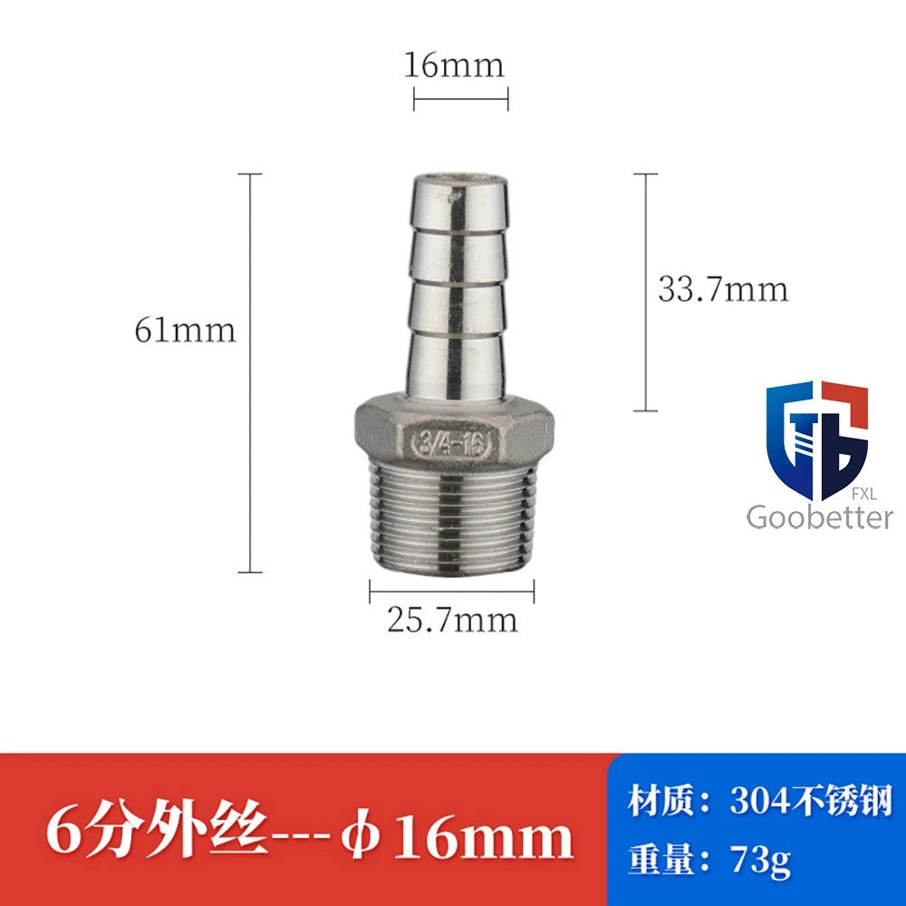BSP Stainless Steel Male Thread Barb Hose Tail Connector — 1/8" to 2"