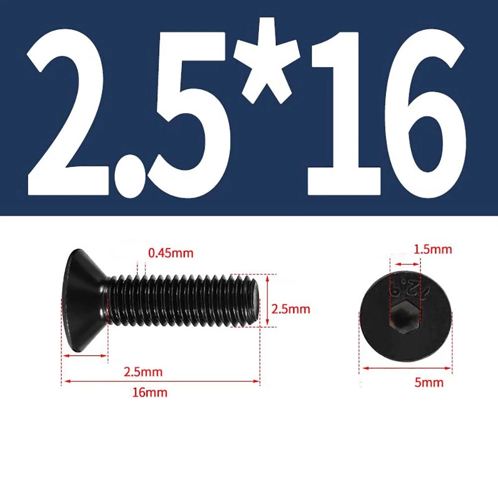 M1.6–M3 Countersunk Socket Head Screws – 12.9 Grade Carbon Steel, Flat Head, Fully Threaded (3–50mm Overall Length)