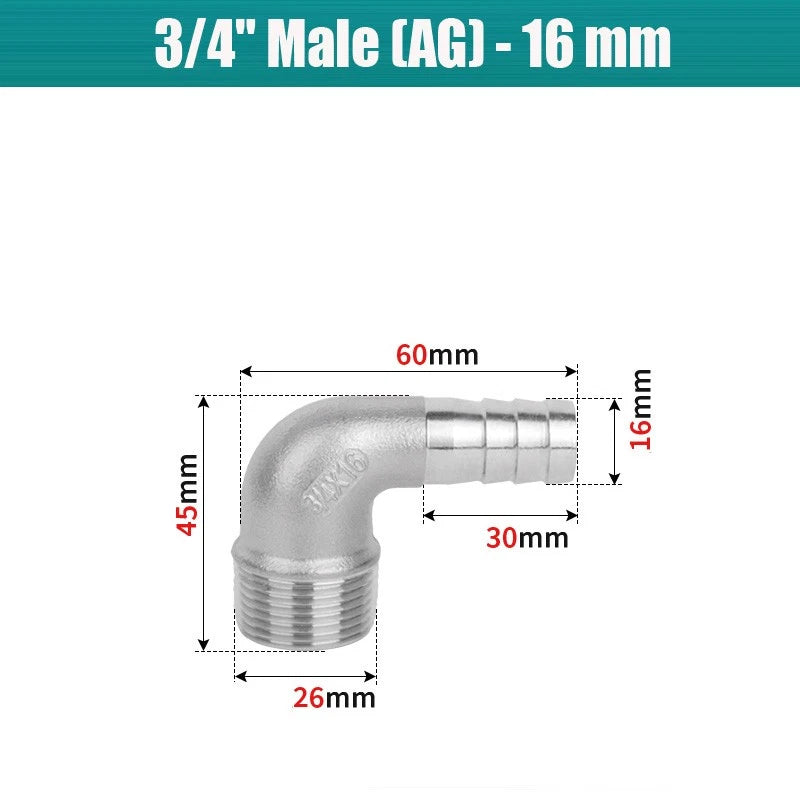 BSP Male Elbow Barbed Hose Connector — Stainless Steel, 1/8" to 1/2", 6–16mm