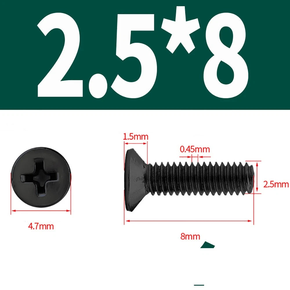 Black Phillips Flat Head Countersunk Machine Screws — Carbon Steel M1–M6