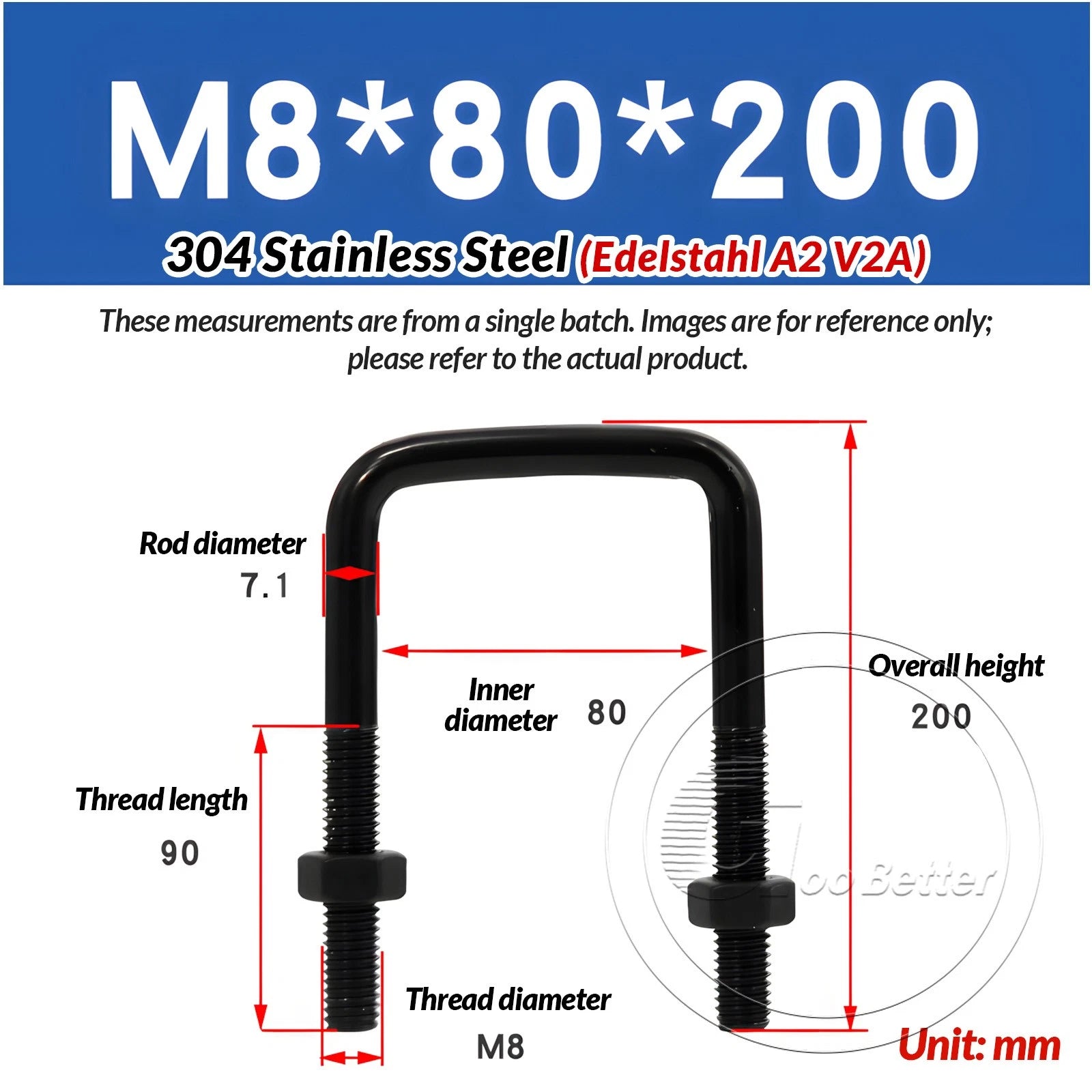 M6 M8 M10 Square U-Bolts Black 304 Stainless Steel with Nuts For Boat Trailer