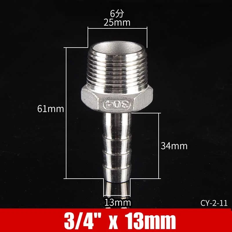 Stainless Steel BSP Male Thread x Barb Hose Tail Connector | 1/8" to 4"