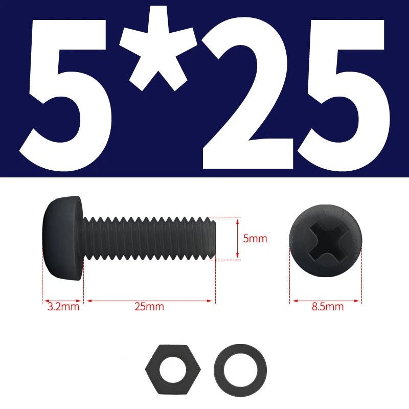 Black Nylon Phillips Machine Screws with Nuts & Washers — Metric M2 to M8 - HomeDIYer