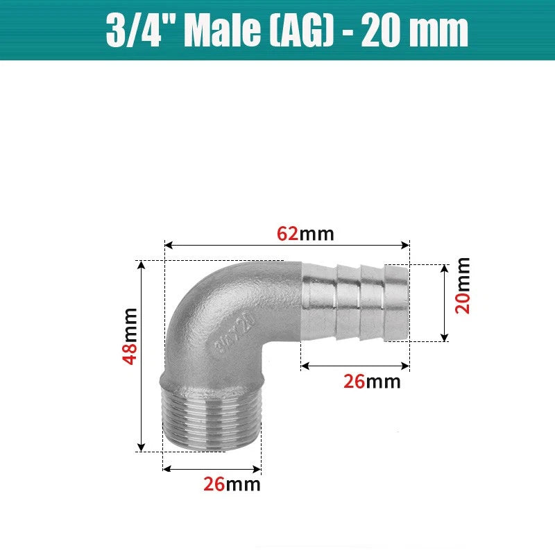 BSP Male Elbow Barbed Hose Connector — Stainless Steel, 1/8" to 1/2", 6–16mm