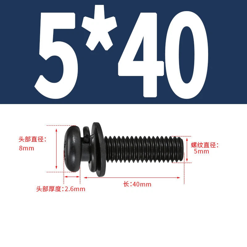 Black Zinc Pan Head Machine Screws with Washers, M2–M6 Pozi Phillips Drive