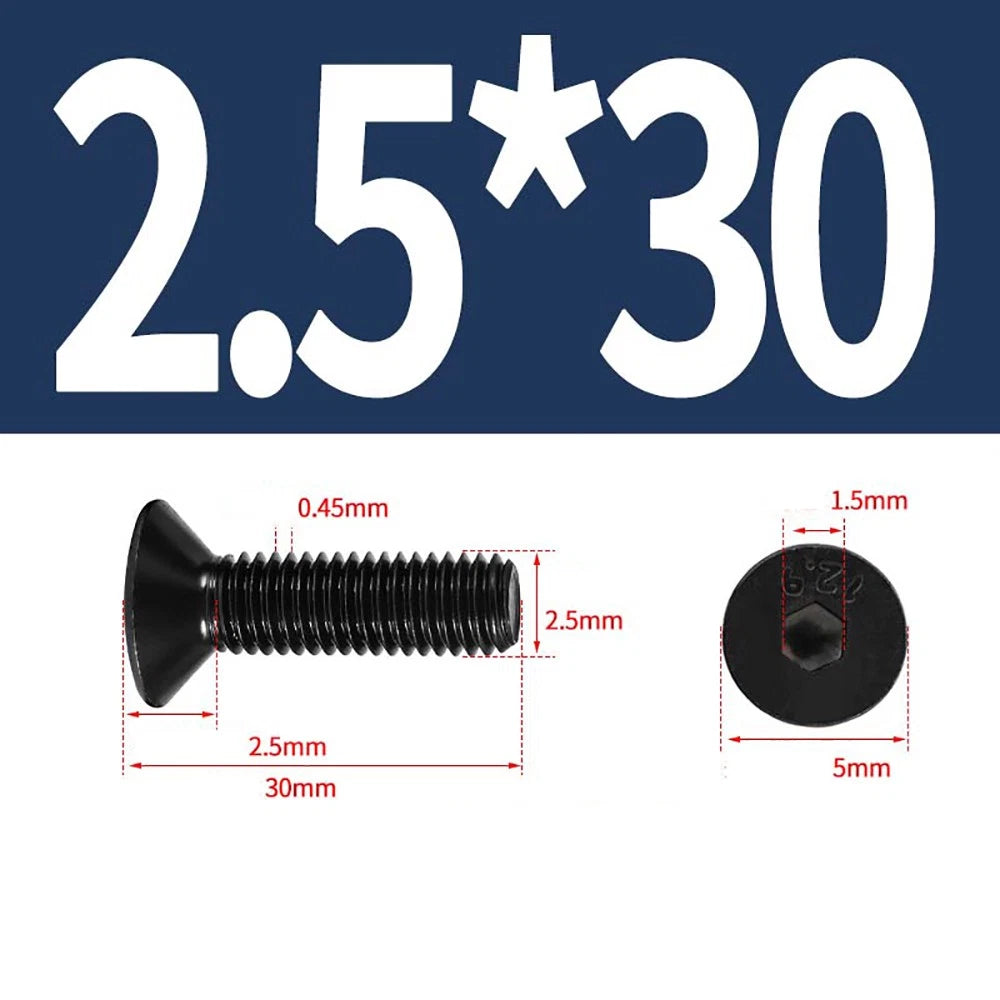 M1.6–M3 Countersunk Socket Head Screws – 12.9 Grade Carbon Steel, Flat Head, Fully Threaded (3–50mm Overall Length)
