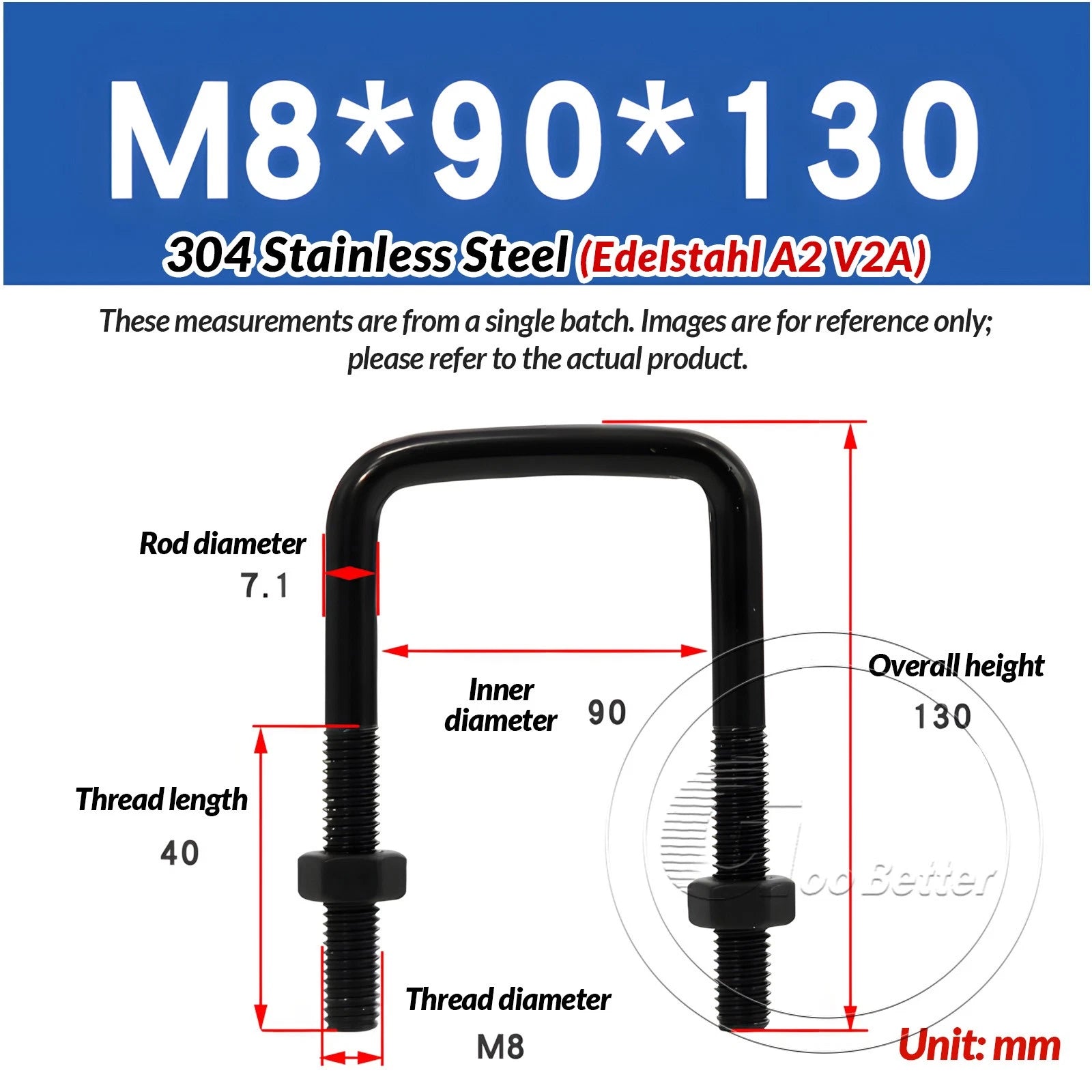 M6 M8 M10 Square U-Bolts Black 304 Stainless Steel with Nuts For Boat Trailer